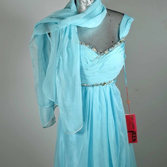 NWT May Queen | Aqua Sequin Cross-Front Gown & Shawl - sz 6. - Picture 7 of 9